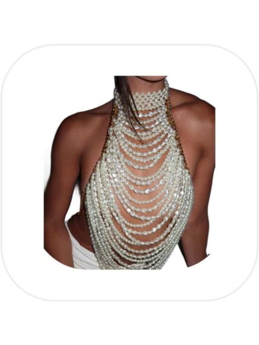 White Pearl Multi-Layered Beaded Halter Top Crop Bra Chain for Summer Festivals